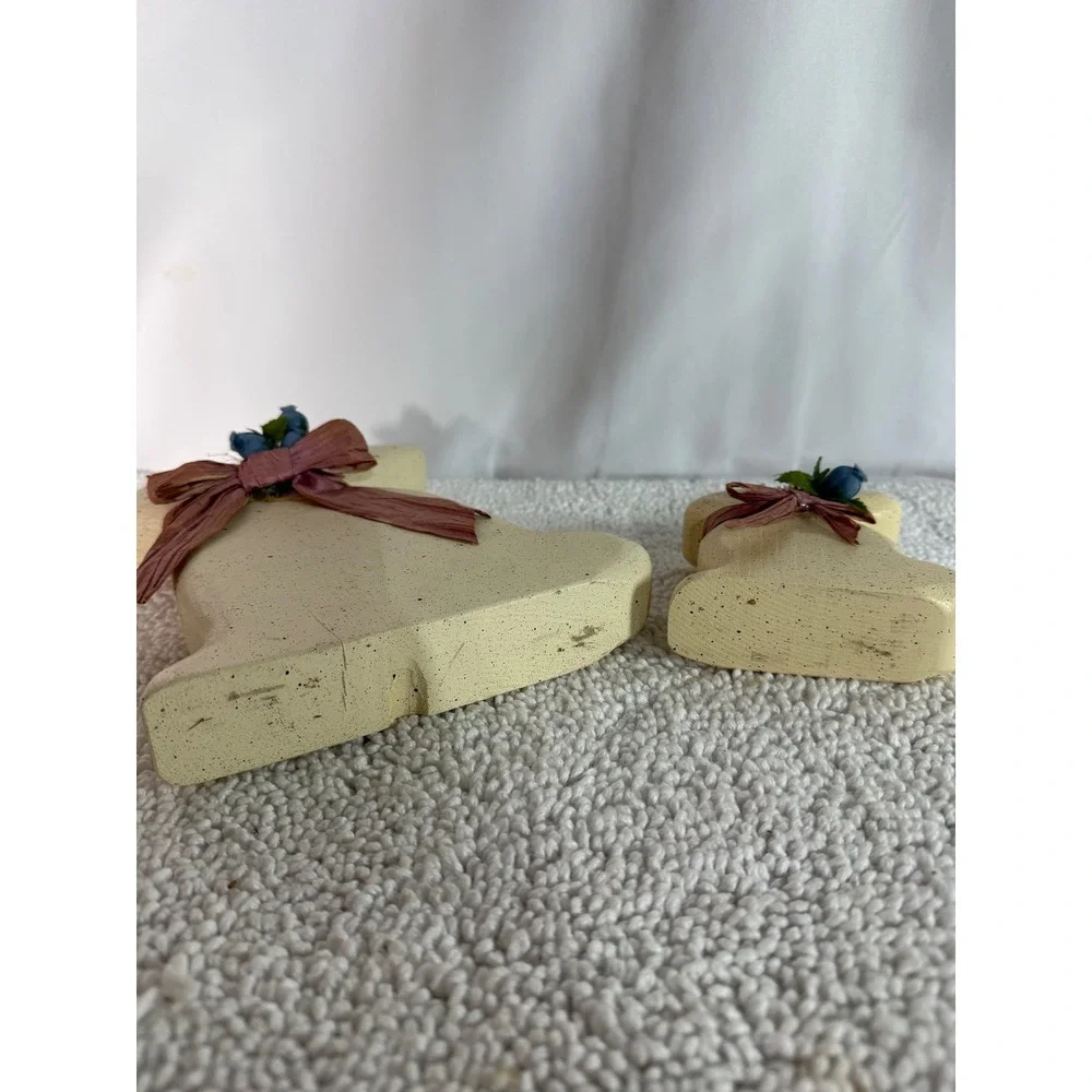 VTG Speckled Cream Bunny Figurine Set Easter‎ Spring Decor Raffia Bows 2pc